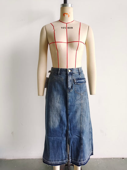Spring Outfits  | Casual Slit Cotton High Waist Maxi Denim Skirt