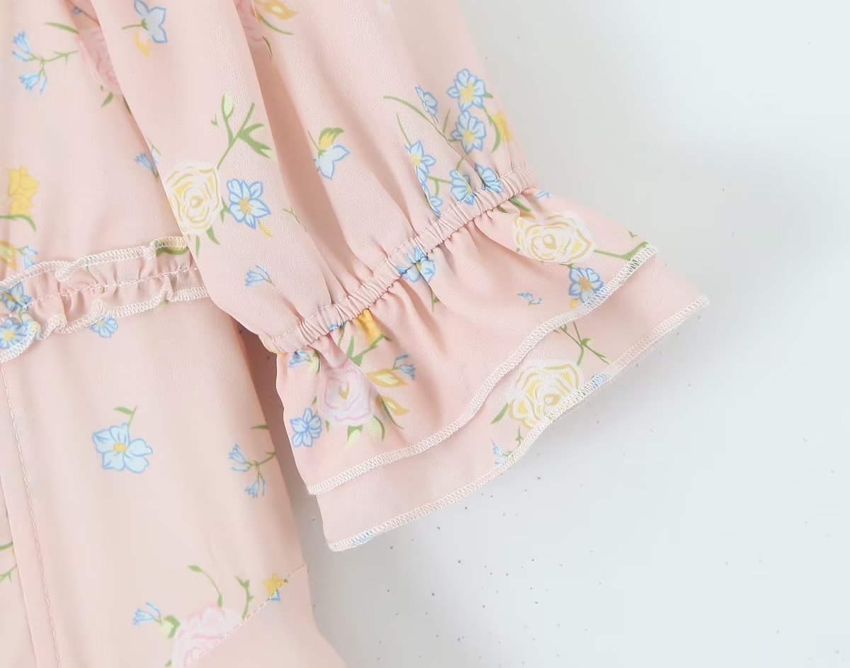 Spring Outfits | Elegant Pink Chiffon Floral Puff Sleeve Princess Dress