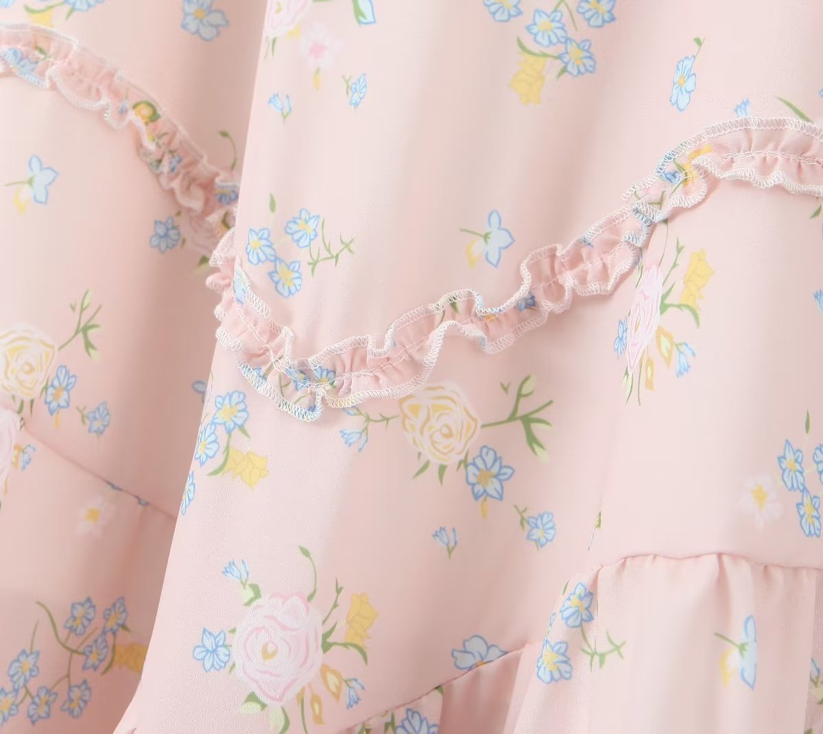 Spring Outfits | Elegant Pink Chiffon Floral Puff Sleeve Princess Dress