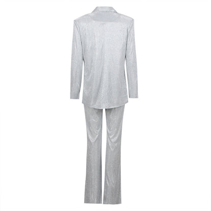 Euphoria Outfits | Silver Glitter Blazer Crop Top Wide Leg Pants 3-piece Set.