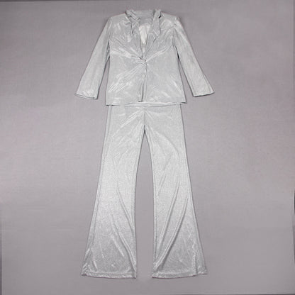 Euphoria Outfits | Silver Glitter Blazer Crop Top Wide Leg Pants 3-piece Set.