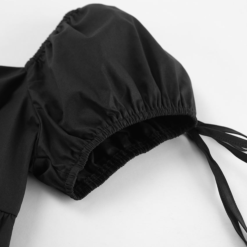Spring Dresses 2024 | Black Cotton Square Neckline Puff Sleeve Off Shoulder Short Dress