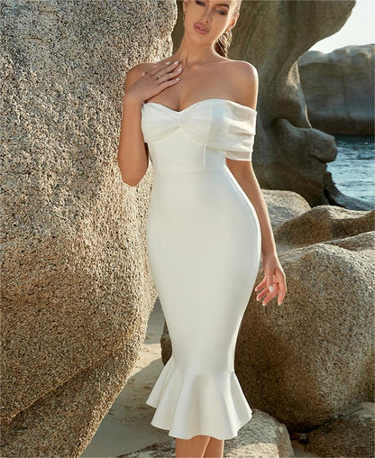 White Dresses | Off Shoulder Mermaid White Ruffles Dress,