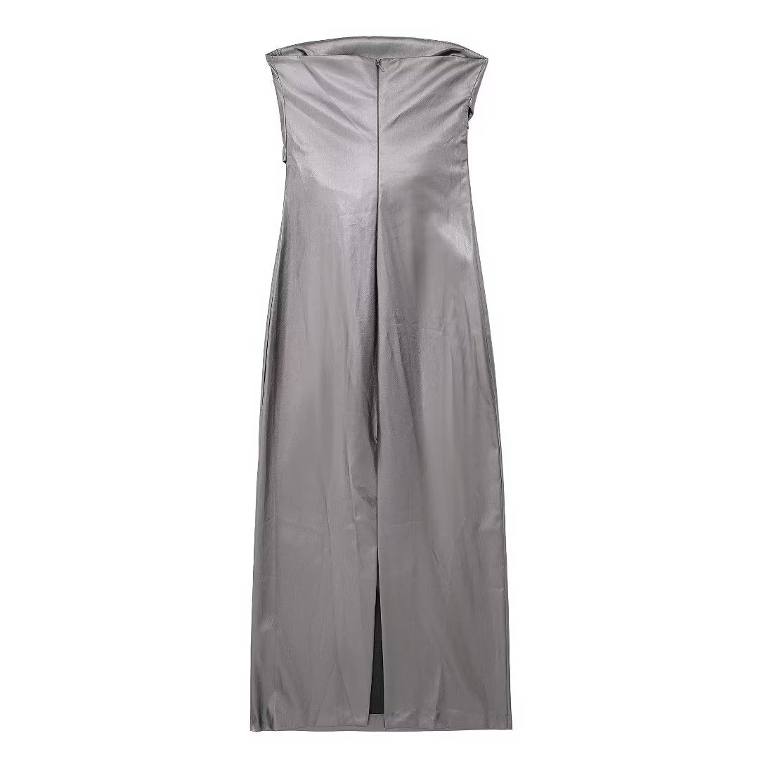 Silver Aesthetic Dress | Tube Top Metallic Chrome Silver Dress