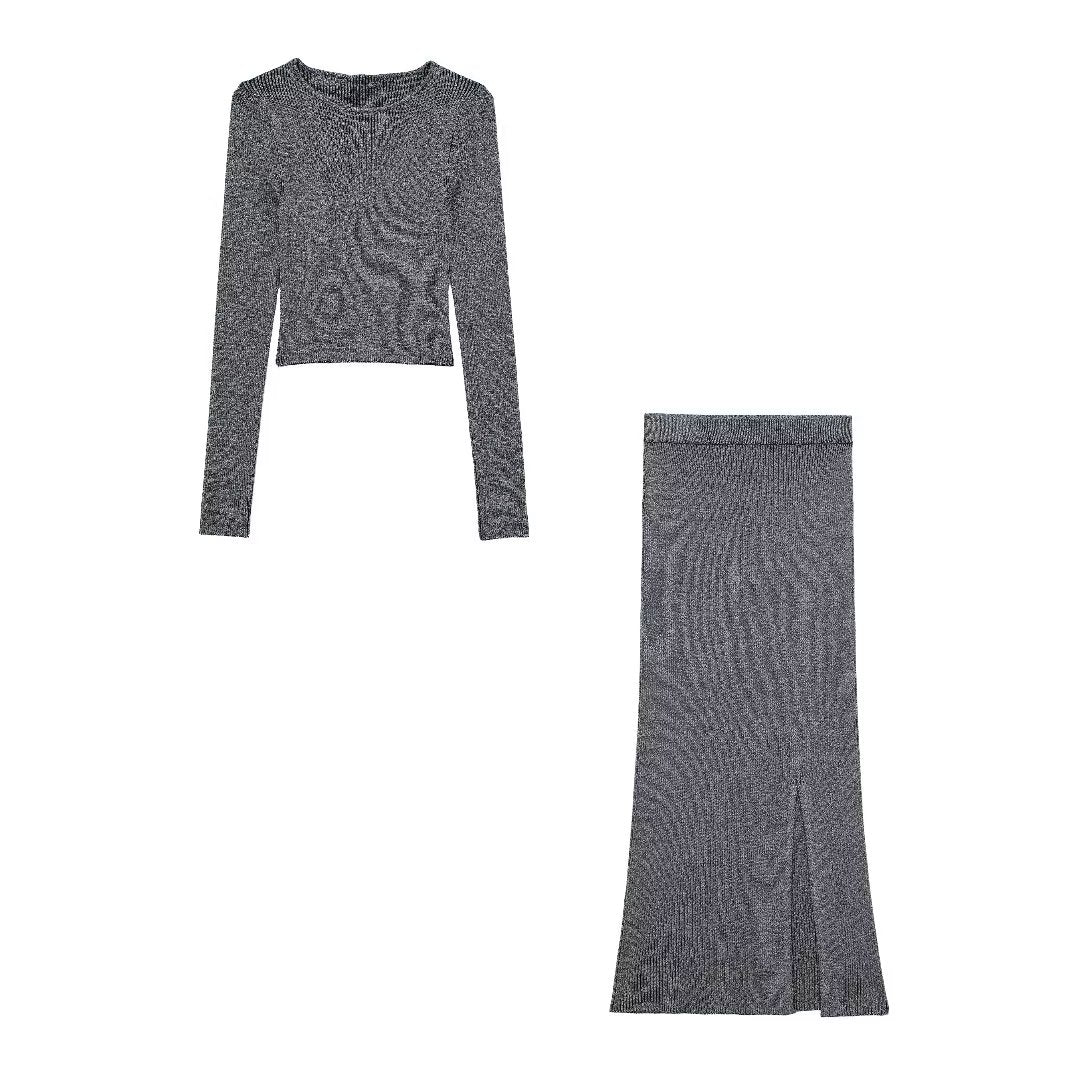 Y2K Winter Outfits | Gray Metallic Knitted Turtleneck Top Maxi Skirt Outfit 2-piece Set