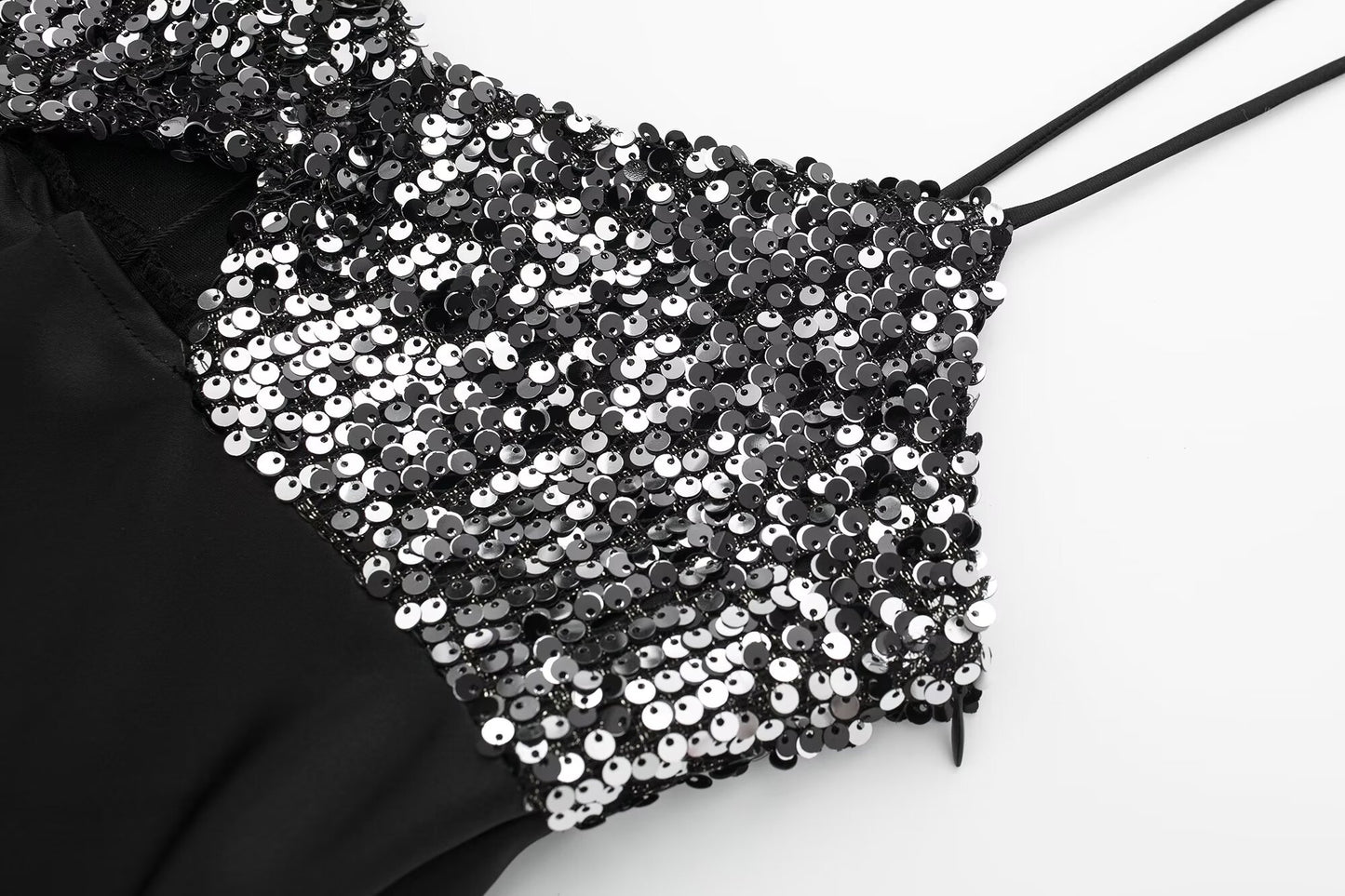 Elegant Dresses | Silver Sequined Black Maxi Satin Dress