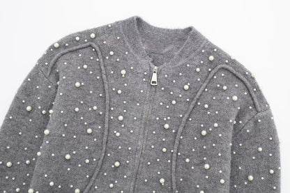 Y2K Winter Outfits | Cotton Silver Gray Glitter Beads Knitted Cardigan Sweater Coat