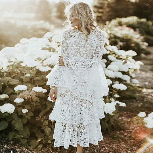 Spring Outfits | White Aesthetic Tiered Lace Ruffles Maxi Dress