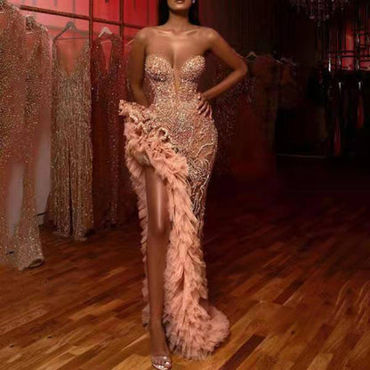 Fancy Dresses | Pink Feather and Glitter Rhinestone Evening Dress