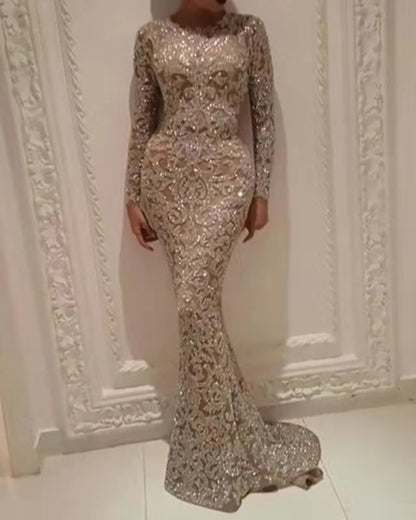 Elegant Dresses | Conservative Rhinestones and Glitter Long Sleeve Slim Wedding Guest Dress