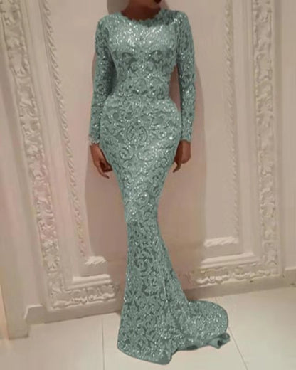 Elegant Dresses | Conservative Rhinestones and Glitter Long Sleeve Slim Wedding Guest Dress