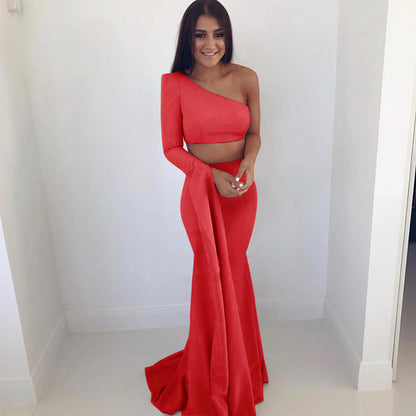 Evening Gowns | Minimalist One Shoulder Aesthetic Crop Top Skirt Outfit 2-piece Set
