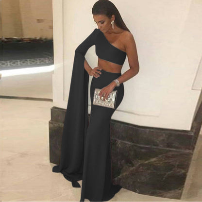 Evening Gowns | Minimalist One Shoulder Aesthetic Crop Top Skirt Outfit 2-piece Set