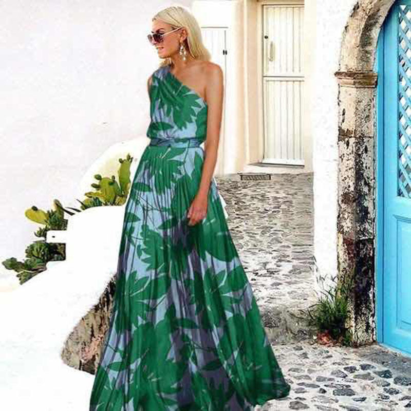 Vacation Outfits | Leaves One Shoulder Maxi Dress