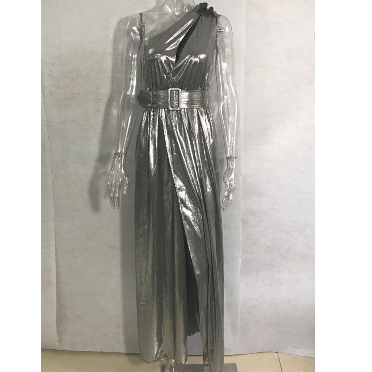 Winter Formal Dresses | One Shoulder Cut Out Silver Chrome Metallic Pleated Dress L / Ice Silver Winter Formal Dresses | One Shoulder Cut Out Silver Chrome Metallic Pleated Dress L / Ice Silver