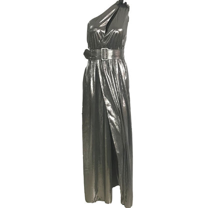 Winter Formal Dresses | One Shoulder Cut Out Silver Chrome Metallic Pleated Dress