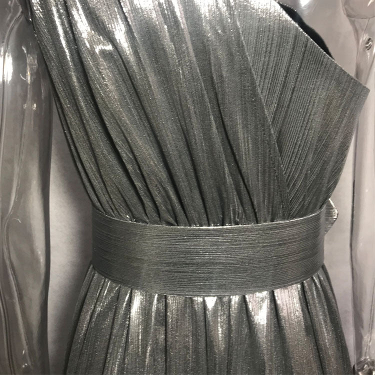 Winter Formal Dresses | One Shoulder Cut Out Silver Chrome Metallic Pleated Dress