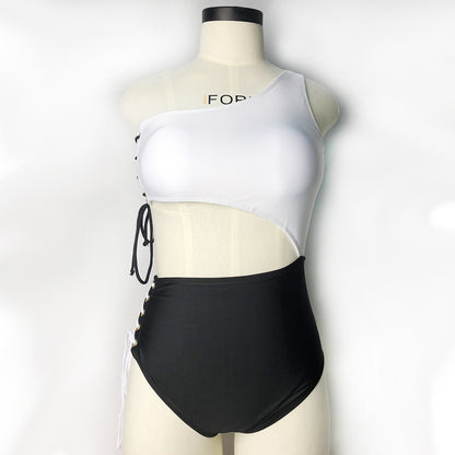 2023 Fashion Trends | Duochrome Black and white One Shoulder One piece Swimsuit