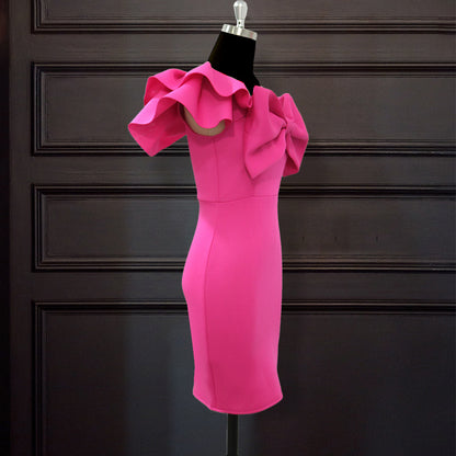 Hot Pink Dresses |  Hot Pink One Shoulder Mini Dress with Ruffles