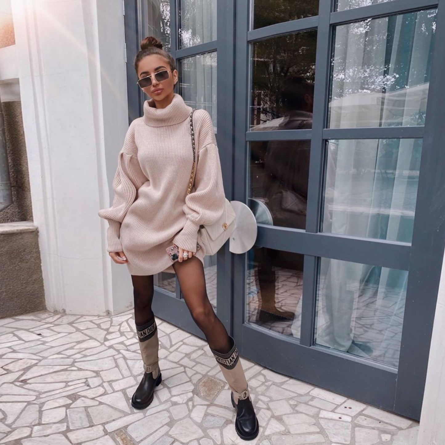 Winter Outfits | Cotton Minimalist Oversized Turtleneck Sweater Dress Outfit