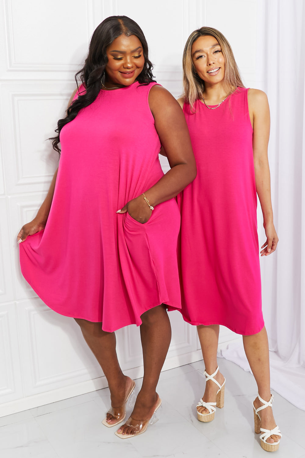 Beaute Reveillon Summer Outfits | Hot Pink Aesthetic Zenana Full Size Still In Love Sleeveless Midi Dress