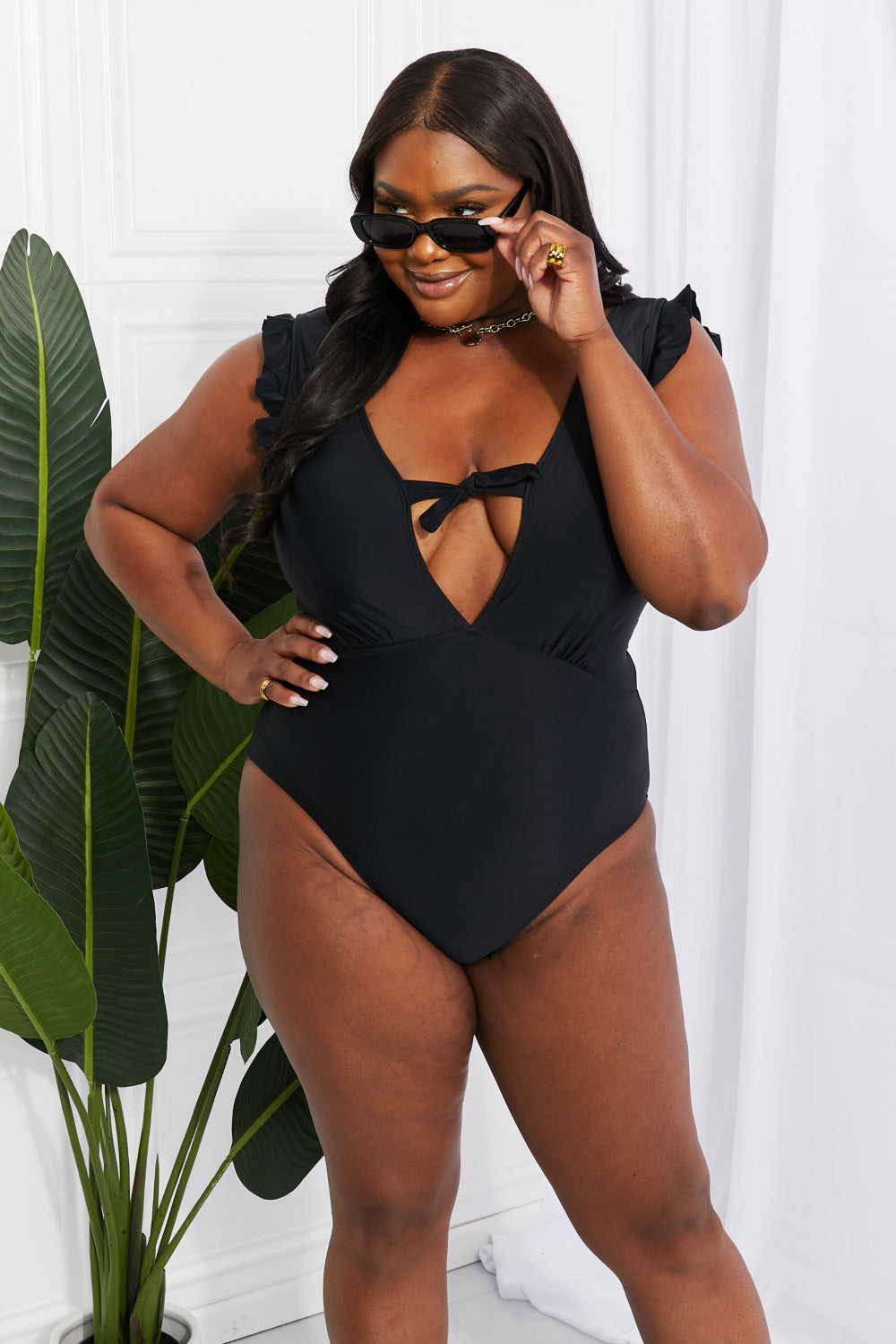 Summer Outfits | Marina West Swim Seashell Ruffle Sleeve One-Piece in Black
