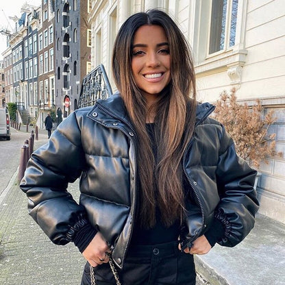 Winter Outfits Short Leather Puffer Jacket