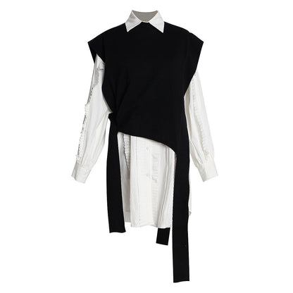 2023 Fashion Trench | Chic Black and White Aesthetic Cotton Vest and Shirt 2-piece Set