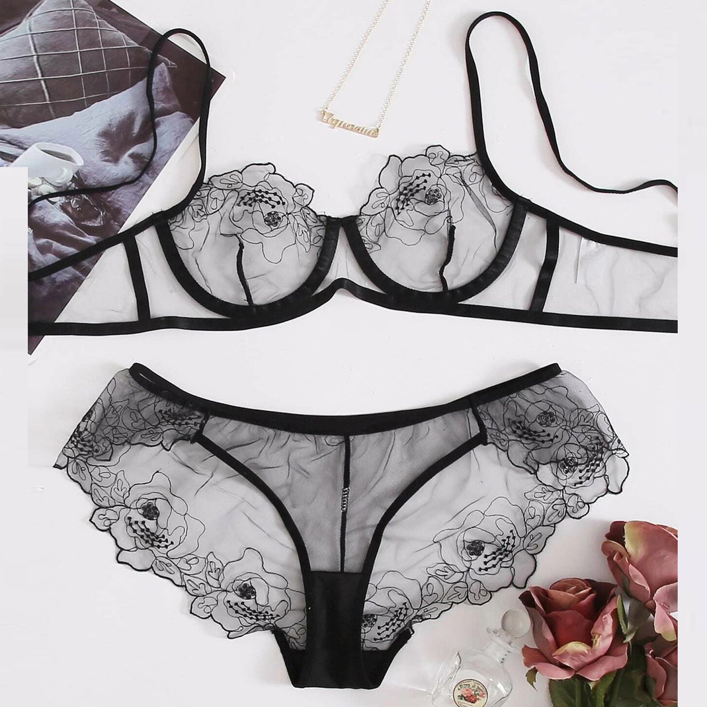 Lingerie Outfits | Delicate See Through Floral Lingerie Outfit 2-piece Set