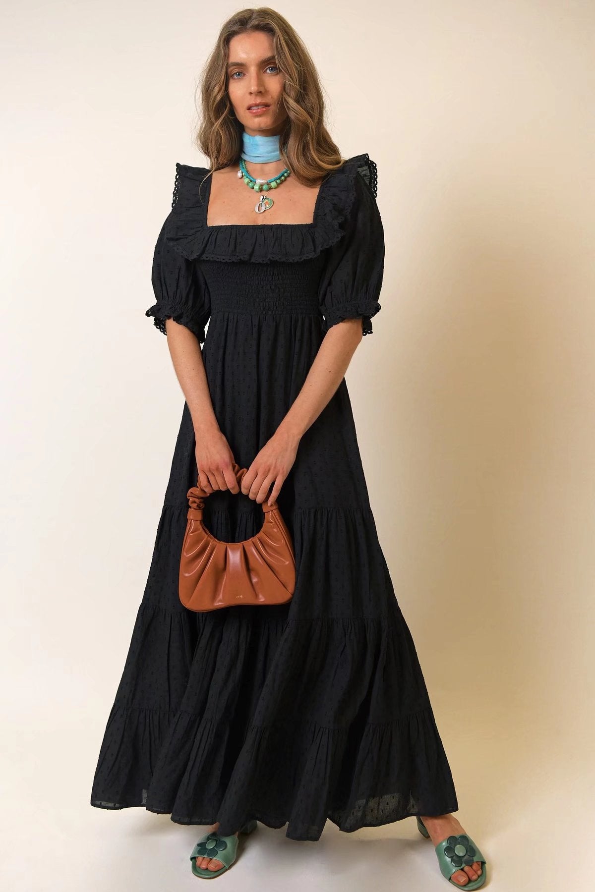Black Aesthetic | Long Black Dress with Puff Sleeves & Ruffles