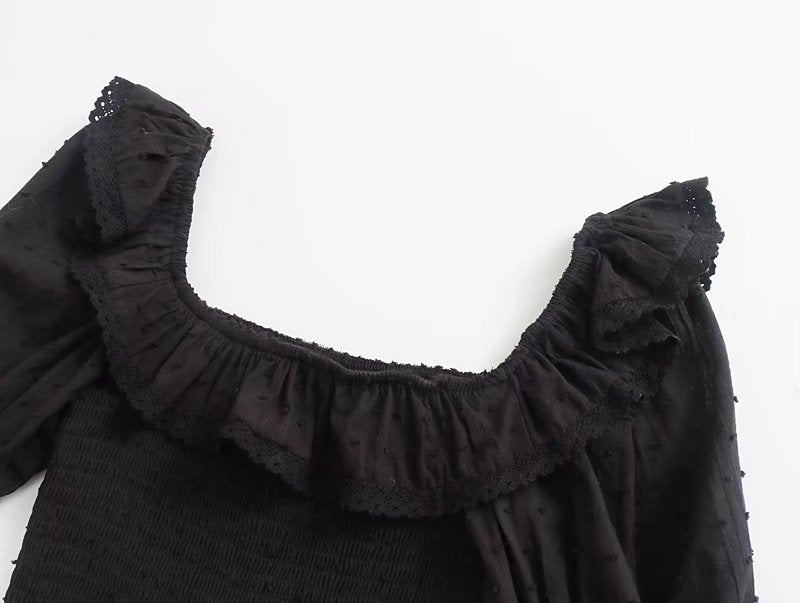 Black Aesthetic | Long Black Dress with Puff Sleeves & Ruffles