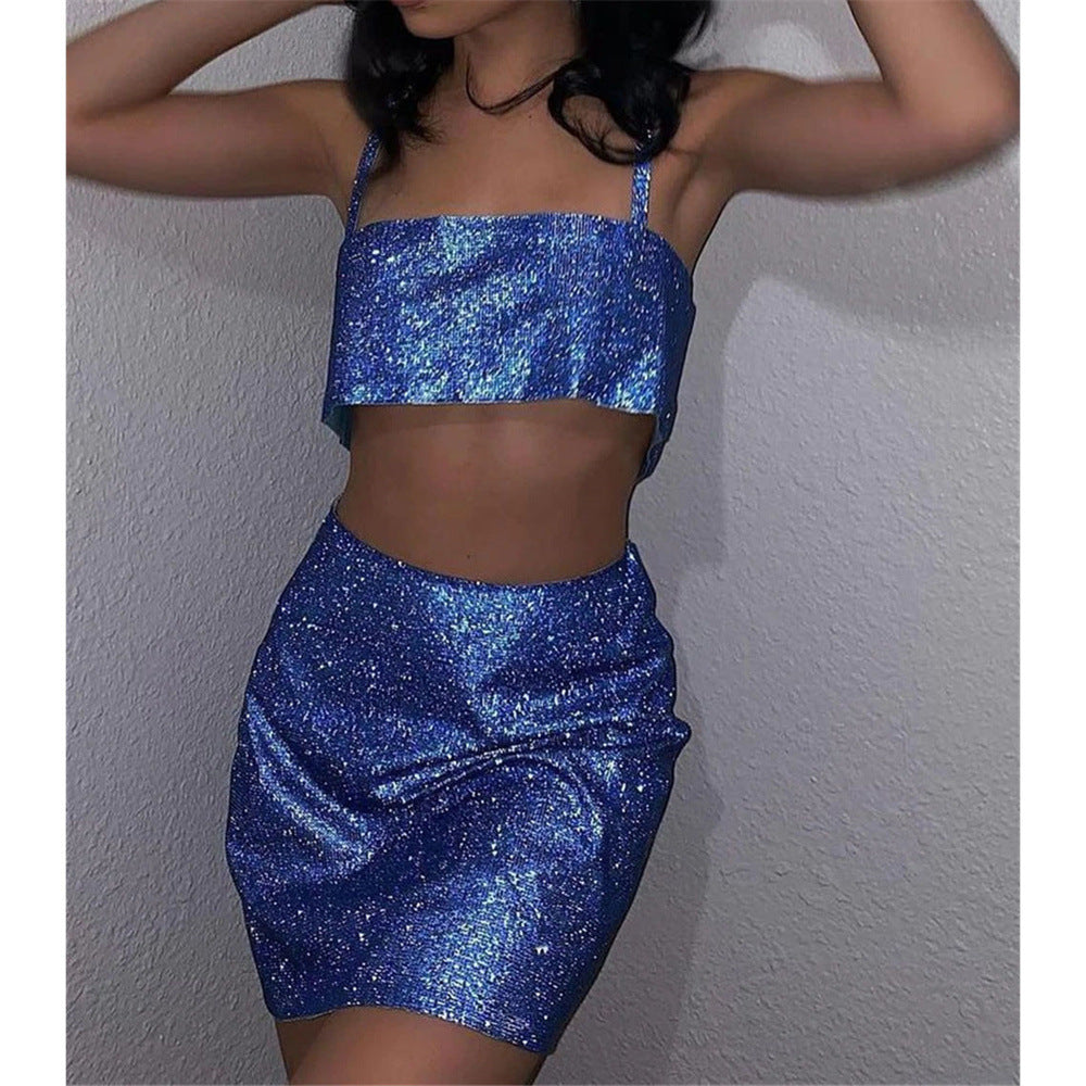 Green Sequin Micro Bandeau Crop Top, Two Piece Sets