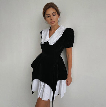 Women  Clothing Sweet Doll Collar Dress Short Sleeve Stitching Waist Tight Figure Flattering Puffy Dress Women