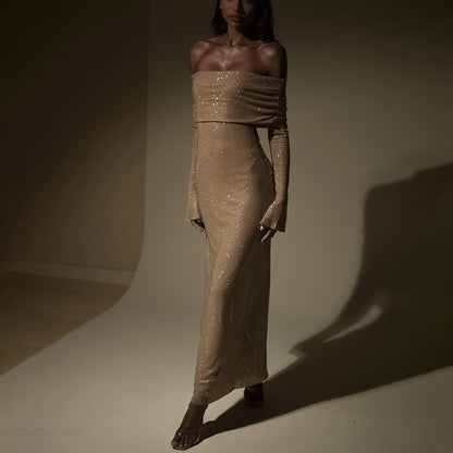 NYE Outfits 2024 | Elegant Glitter Off Shoulder Maxi Dress