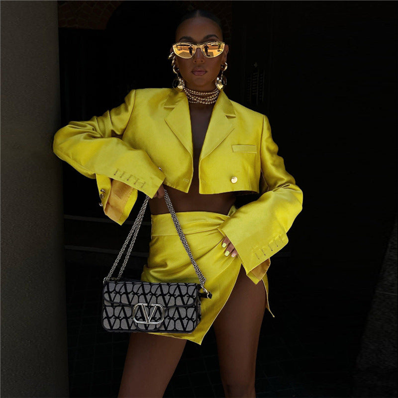 Neon Fall Fits | Neon Yellow Mini Skirt Blazer Fall Outfit 2-piece set