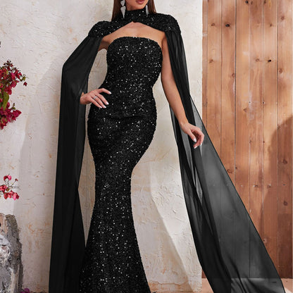 Elegant Dresses | Black Fishtail Sequined Cape Homecoming Dress