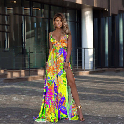 Vacation Outfits | Neon Aesthetic Tropical Leaves Maxi Dress