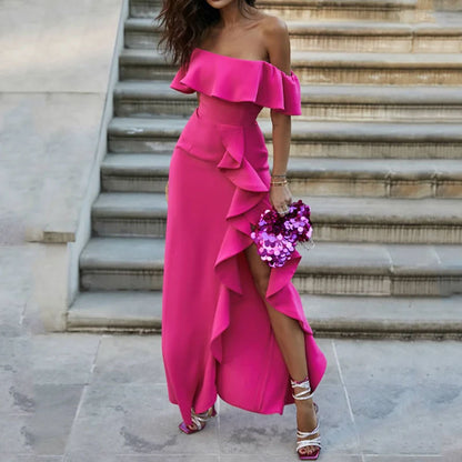 Summer Dresses 2023 | Hot Pink Off Shoulder Ruffles Slit Elegant Maxi Summer Dress Almost Sold Out