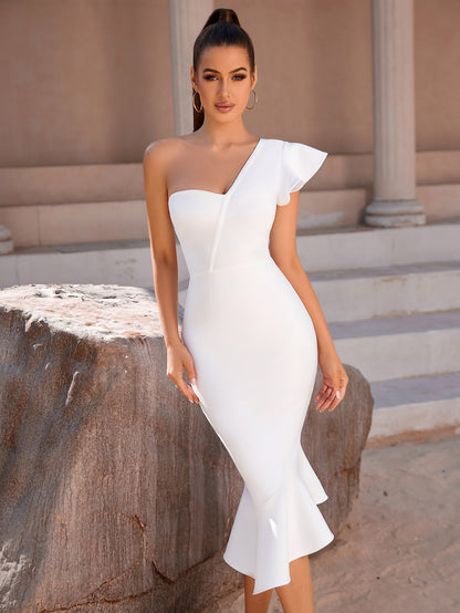 White Dress Aesthetic | One Shoulder Ruffles White Mermaid Dress