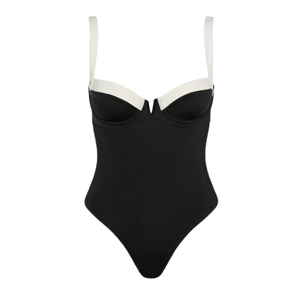Capsule Wardrobe | Classic Black and White Contrast Conservative One Piece Swimsuit