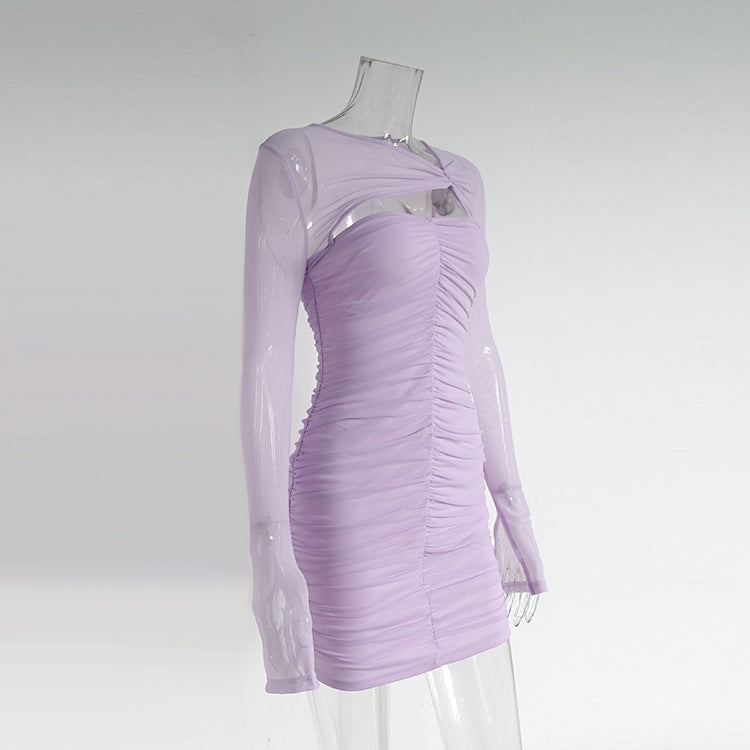 2023 Fashion Trends | Lavender Lilac See Through Sleeves Pleated Mini Dress