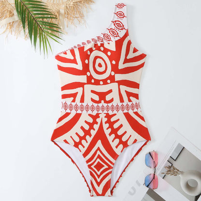 Summer Outfits | Red Pattern One Shoulder One Piece Swimsuit Pants Outfit