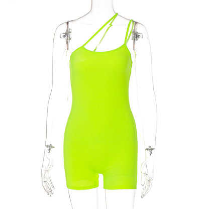 2023 Activewear Trends | Neon Yellow One Shoulder Shorts Bodysuit