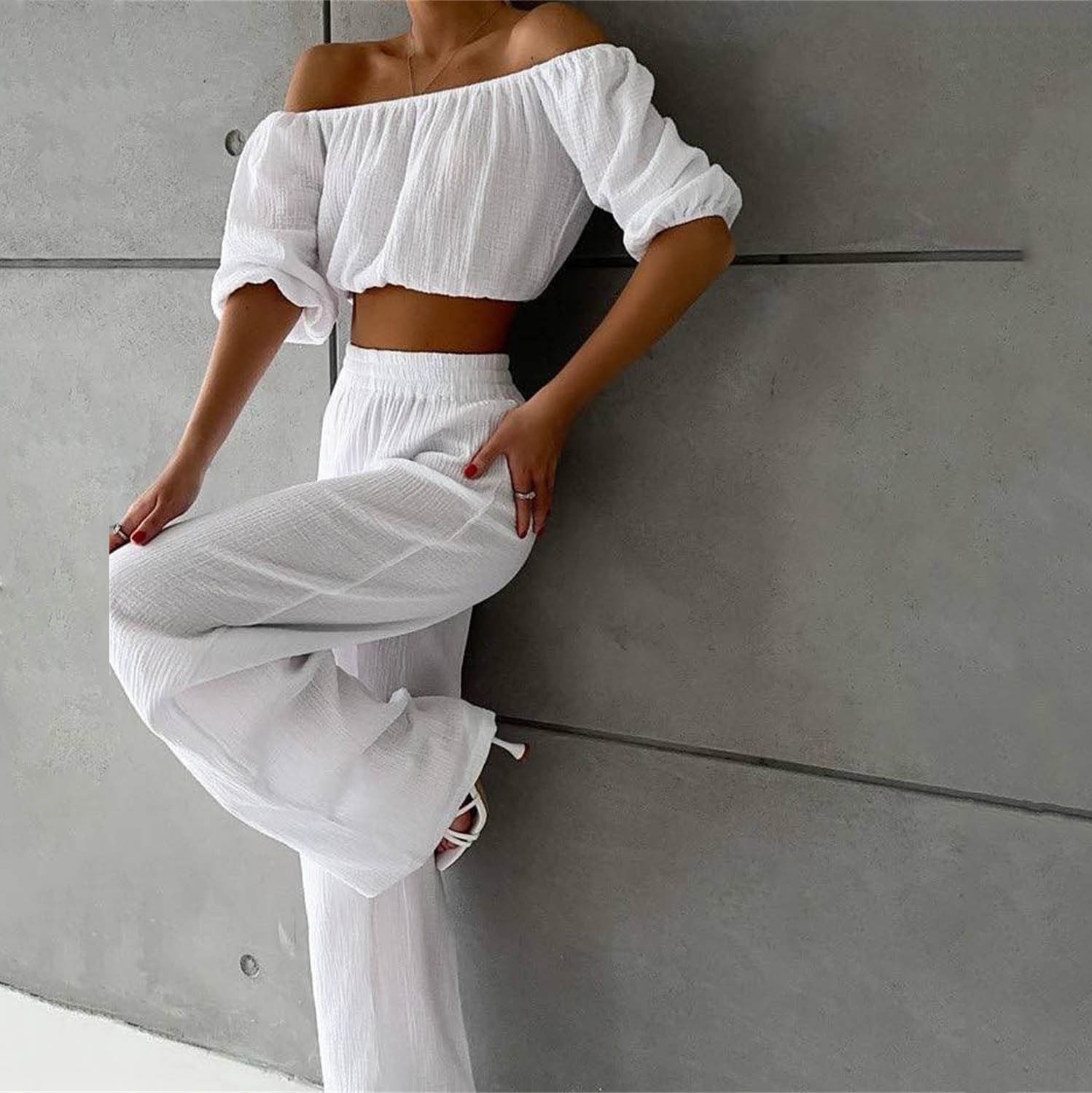 Summer Outfits 2022  Beige Casual Summer Wide Leg Pants Outfit 2-piec –  TGC FASHION