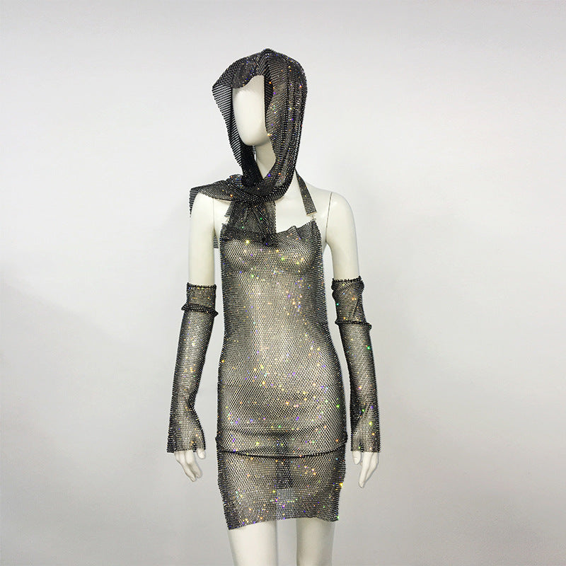 2024 Fashion Trends | Metallic Rhinestone Scarf and Rhinestone Halter Dress