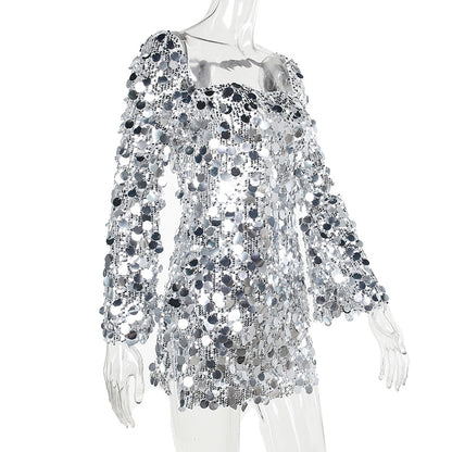 2023 Fashion Trends | Square Silver Sequined Short Dress