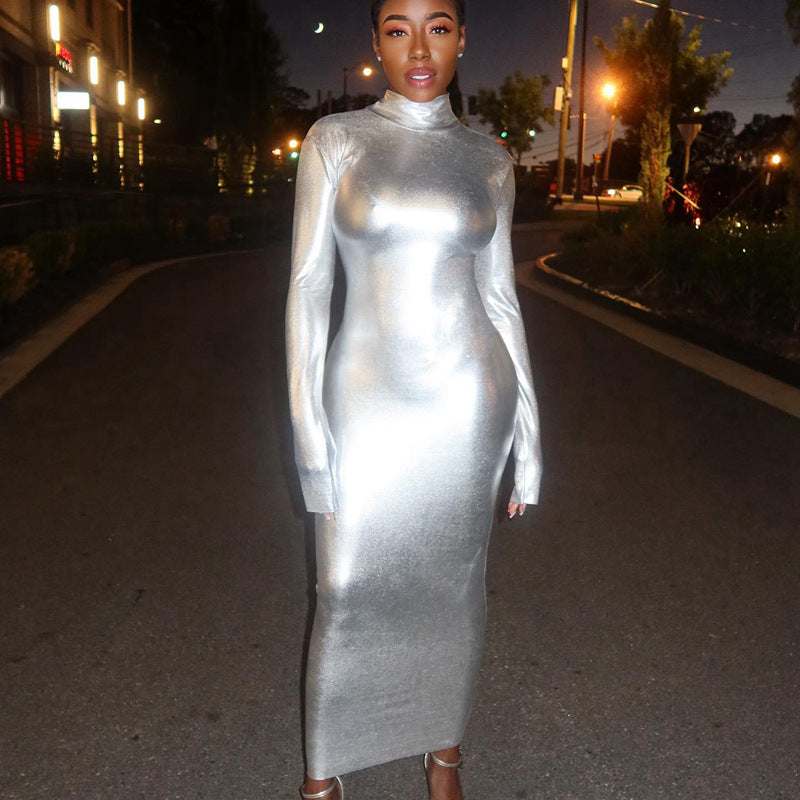 Easter Dresses Silver Mock Neck Long Sleeve Evening Party Shiny Bodycon Metallic Maxi Dress(Silver/S) Easter Dresses Silver Mock Neck Long Sleeve Evening Party Shiny Bodycon Metallic Maxi Dress(Silver/S)