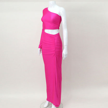 2023 Fashion Trends | Hot Pink One Shoulder Cut Out Pleated Dress