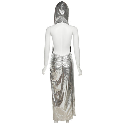 Y2k Fall Outfits | Silver Metallic Hooded Backless Dress