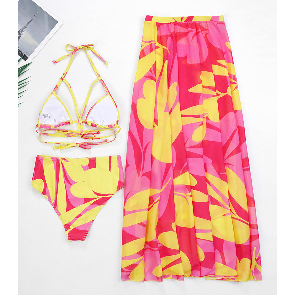 Neon Summer Outfits |  Hot Pink & Neon Yellow Tropical Summer Bikini Skirt Outfit 3-piece Set Almost Sold Out
